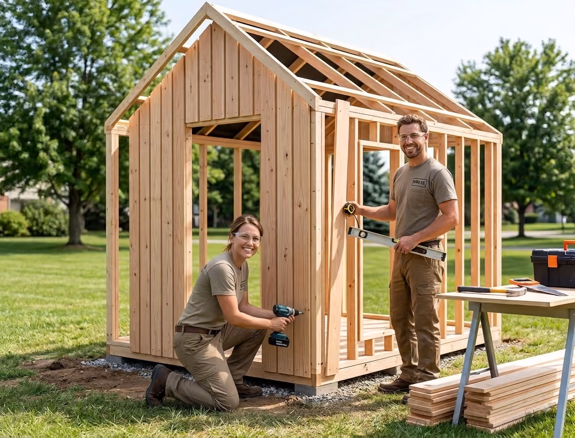 Zwei Monteure bauen den Holzrahmen eines Fjord Shed Gartenhauses auf